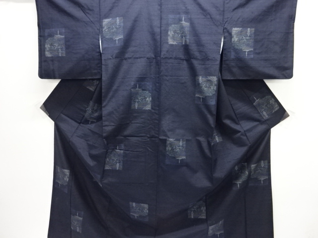 JAPANESE KIMONO / ANTIQUE KIMONO / SILK / TSUMUGI / WOVEN SCENERY OF TEMPLE